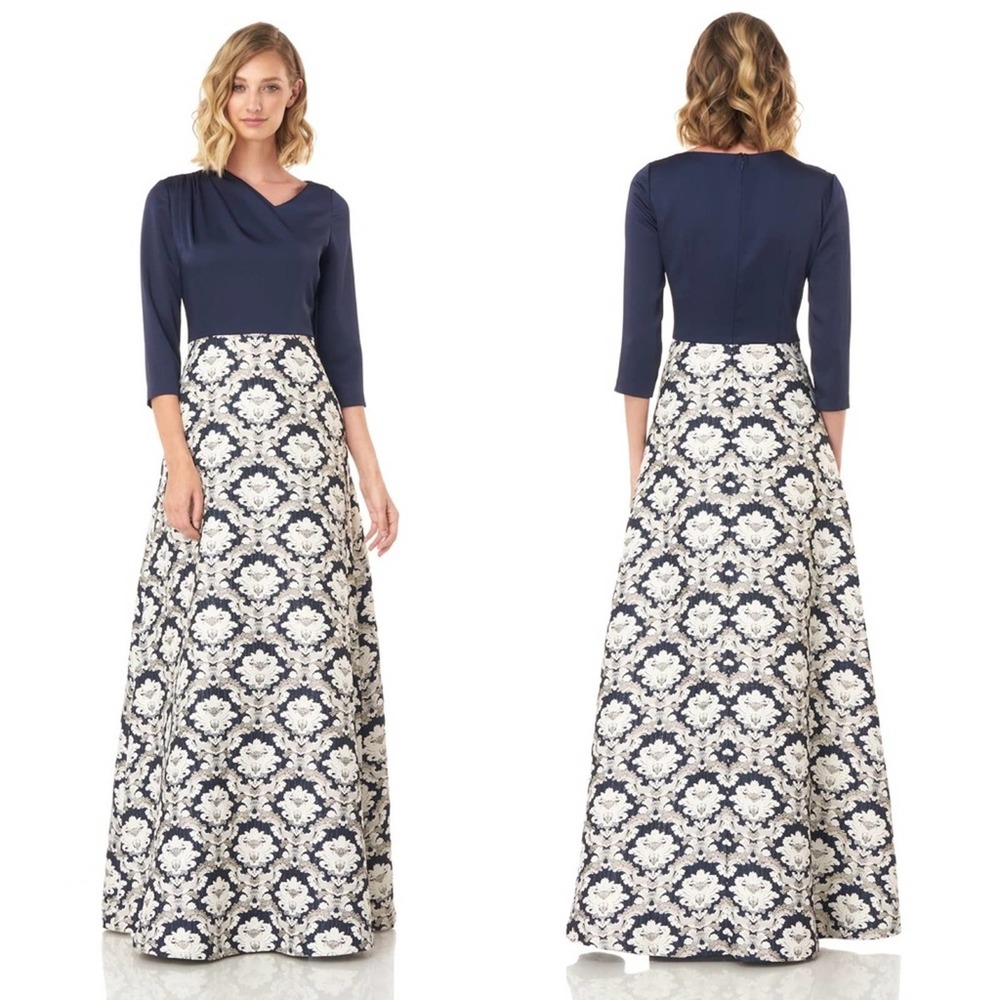 Kay Unger Navy Blue Damask Brocade 3/4 Sleeve A-Line Formal Gown Dress